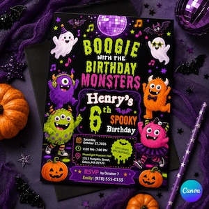 Könnte beinhalten: Eine schwarze, rechteckige Geburtstagseinladung mit bunten Monstern, Geistern und Kürbissen. Der Text lautet: BOOGIE WITH THE BIRTHDAY MONSTERS, Henry's 6th SPOOKY Birthday, Samstag, 17. Oktober 2026, 16:00-19:00 Uhr, Moonlight Monster Hall, 1313 Pumpkin Street, Salem, MA 01970, RSVP bis 7. Oktober, Emily: (978) 555-0135.