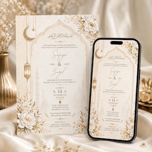 May include: A cream-colored wedding invitation card and a smartphone displaying the same digital invitation. Both feature gold-toned illustrations of a crescent moon, hanging lanterns, and white floral arrangements with Arabic calligraphy.