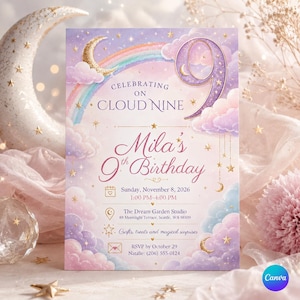 Può includere: Un biglietto d'invito di compleanno rettangolare con un cielo pastello, nuvole rosa e blu, un arcobaleno e stelle dorate. Il testo recita: Celebrating on Cloud Nine, Mila's 9th Birthday, Sunday, November 8, 2026, 1:00 PM-4:00 PM.