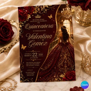 Può includere: Un invito rettangolare per Quinceañera in bordeaux profondo e oro. Presenta una persona con un abito da ballo bordeaux scintillante, uno sfondo di sala da ballo, decorazioni floreali dorate, farfalle e una corona. Il testo include il nome Valentina Gomez.