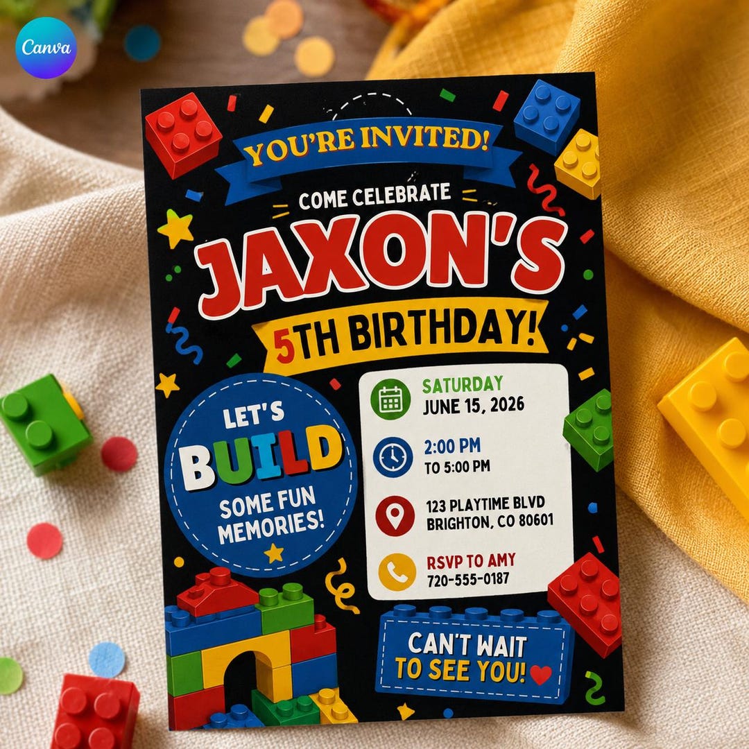 Building Blocks Invitation, 5th Birthday Party Invite, Master Builder ...