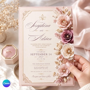 Luxury Blush Floral Wedding Invitation Template, Editable Canva 5x7 Invite, Gold Pearl Rose Wedding Card, Instant Download image 4
