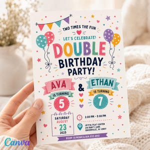 Puede incluir: Una tarjeta de invitación rectangular blanca para fiesta de cumpleaños con globos coloridos, banderines y confeti. El texto dice: TWO TIMES THE FUN, LET'S CELEBRATE! DOUBLE BIRTHDAY PARTY! AVA 5 & ETHAN 7, 23 DE AGOSTO DE 2025, 2:00 - 5:00 PM.