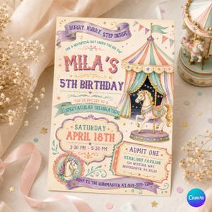 Può includere: Un biglietto d'invito di compleanno rettangolare con un tema giostra vintage in colori pastello. Il testo recita: Mila's 5th Birthday, Saturday April 18th, 2:30 PM - 5:30 PM, Admit One, Starlight Pavilion, 728 Wisteria Way, Brookhaven, GA 30318.