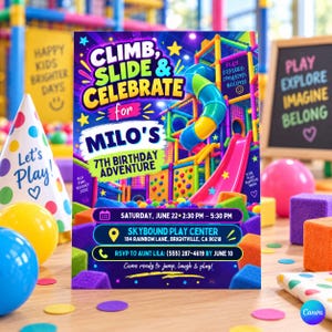 Puede incluir: Una tarjeta de invitación de cumpleaños rectangular con un fondo de parque infantil interior colorido con un tobogán y una piscina de bolas. El texto dice CLIMB, SLIDE & CELEBRATE FOR MILO'S 7TH BIRTHDAY ADVENTURE, incluyendo detalles del evento.