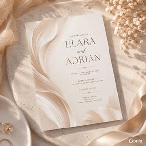 Minimalist Ivory Wedding Invitation Template, Beige Abstract Floral Canva Invite, Elegant Neutral 5x7 Printable Wedding Card