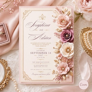May include: A rectangular wedding invitation card with cream paper and gold borders. The text reads Seraphina and Adrian, September 14, 2027, at 4:30 PM, The Marigold House, 48 Willowmere Lane, Briar Glen, NY 11732. A floral arrangement of pink and white roses with gold leaves and pearls adorns the right side.