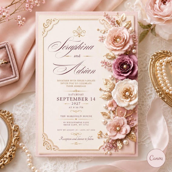Luxury Blush Floral Wedding Invitation Template, Editable Canva 5x7 Invite, Gold Pearl Rose Wedding Card, Instant Download