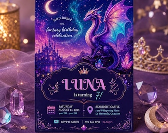 Puede incluir: Una tarjeta de invitación de cumpleaños rectangular con un cielo nocturno morado y azul, una luna creciente, un castillo y un dragón. El texto dice: You're invited to a fantasy birthday celebration, LUNA is turning 7!, Saturday August 23, 2025, 4:00 PM - 7:00 PM, Starlight Castle, 1497 Whispering Pines Ln Moonvale, CA 92678, RSVP to Aurora 555-246-8790 by Aug 15.