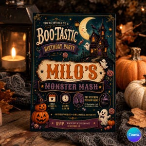 May include: A rectangular birthday party invitation featuring a dark blue background with a haunted house, a crescent moon, ghosts, and pumpkins. The text reads: You're invited to a Boo-Tastic Birthday Party, Milo's Monster Mash, The Witching Willow Lodge.