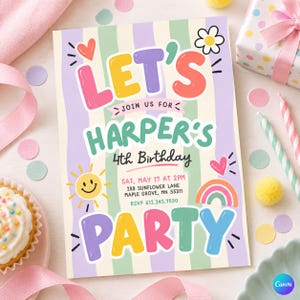 May include: A rectangular birthday invitation card featuring pastel vertical stripes and colorful bubble lettering that reads LET'S JOIN US FOR HARPER'S 4th Birthday PARTY. Includes a yellow sun, a rainbow, hearts, and event details with the address and RSVP number.