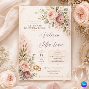 May include: A wedding invitation card featuring watercolour floral illustrations in shades of pink and green. The text reads: CON ALEGRÍA TE INVITAMOS A CELEBRAR NUESTRA BODA, Valeria & Sebastian, DOMINGO 18 DE OCTUBRE 2026, and CEREMONIA details.