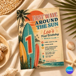 Retro Surf First Birthday Invitation, First Wave Around the Sun Beach Party, Editable Canva 5x7 Printable and Digital Phone Evite