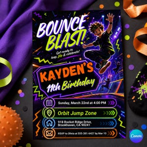 以下が含まれることがあります： BOUNCE BLAST!というタイトルの長方形の誕生日招待状。ジャンプする漫画のキャラクターが描かれています。テキストには、KAYDEN'S 11th Birthday、Sunday, March 22nd at 4:00 PM、Orbit Jump Zone、918 Rocket Ridge Drive, Brookhaven, CA 90241、RSVP情報が含まれています。