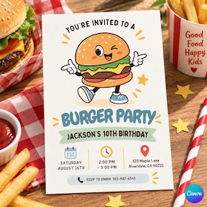 Burger 10th Birthday Invitation for Boy, Kids Cheeseburger Party Invite, Burger Bash Birthday, Fast Food Theme, Hamburger Party, Canva
