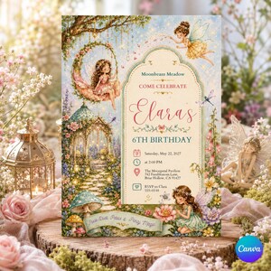 Può includere: Un invito di compleanno rettangolare con un'illustrazione di un giardino delle fate con un sentiero in pietra, funghi e fate. Il testo recita: Moonbeam Meadow, COME CELEBRATE Elara's 6TH BIRTHDAY, Saturday, May 22, 2027, at 2:00 PM, The Moonpetal Pavilion 742 Fernblossom Lane, Briar Hollow, CA 91427, RSVP to Clara 555-0148, Pixie Dust, Petals & Party Magic.