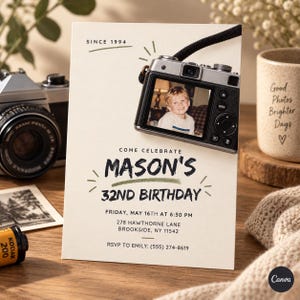 Può includere: Un biglietto d'invito per compleanno color crema con una grafica di fotocamera digitale che mostra la foto di un bambino sullo schermo. Il testo recita: SINCE 1994, COME CELEBRATE MASON'S 32ND BIRTHDAY, FRIDAY, MAY 16TH AT 6:30 PM, 278 HAWTHORNE LANE, BROOKSIDE, NY 11542.