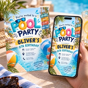 Può includere: Un biglietto d'invito stampato e lo schermo di uno smartphone che mostra un invito a una festa in piscina per l'ottavo compleanno di Oliver. Il design presenta testo blu, un pallone da spiaggia colorato, occhiali da sole e cartelli in legno appesi.