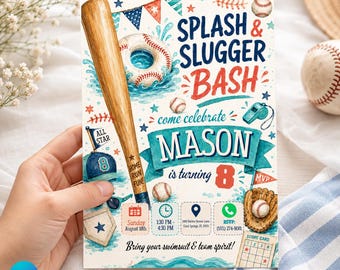 Baseball Pool Party Birthday Invitation, Splash & Slugger Editable Canva Template, Boys Summer Sports Invite, Printable 5x7 Phone Evite