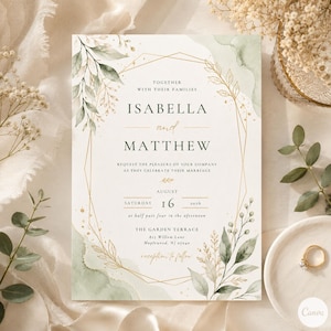May include: A wedding invitation card featuring a gold geometric frame, sage green watercolour accents, and botanical illustrations. The text reads: Together with their families, Isabella and Matthew request the pleasure of your company as they celebrate their marriage, August 16, 2026, at The Garden Terrace, 833 Willow Lane, Maplewood, NJ 07040.
