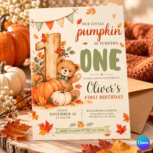 May include: A first birthday invitation card featuring a watercolor illustration of a teddy bear, pumpkins, and autumn leaves. The text reads: Our little pumpkin is turning one, Oliver's first birthday, Sunday November 16 at 4:00 PM, Maplewood Gardens, 789 Harvest Lane, Riverdale, NY 10583, RSVP to Emma at 555-123-9876.