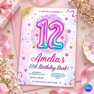 May include: A rectangular birthday invitation card featuring a large, metallic, gradient-colored number 12 balloon graphic. The text reads: JOIN US TO CELEBRATE, Amelia's 12th Birthday Bash!, SATURDAY OCTOBER 25, 2026, 3:00 PM - 6:00 PM, and RSVP TO LUNA (628) 719-3048.