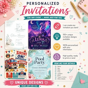 May include: A promotional graphic for personalised invitations featuring four sample cards: a coastal birthday theme, a purple dragon fantasy design, a red fire truck party invitation, and a blue pool party theme, alongside text and icons explaining the service.
