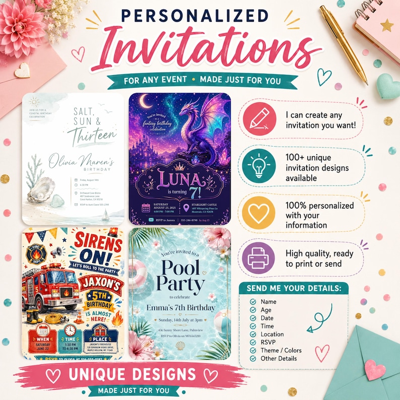 May include: A promotional graphic for personalised invitations featuring four sample cards: a coastal birthday theme, a purple dragon fantasy design, a red fire truck party invitation, and a blue pool party theme, alongside text and icons explaining the service.