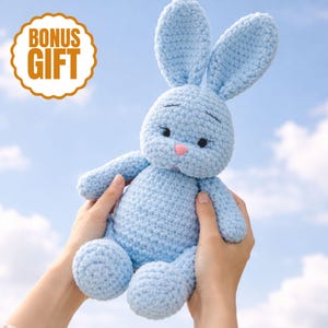 Könnte beinhalten: Ein hellblaues Häschen aus Häkelarbeit mit langen Ohren, einer rosa Nase und schwarzen Augen. Das Häschen wird vor einem blauen Himmel gehalten. Ein goldener und weißer runder "BONUS GIFT" Aufkleber befindet sich in der oberen linken Ecke.