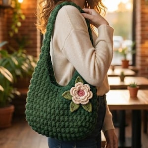 May include: A dark green crochet shoulder bag with a large flower applique. The bag has a textured stitch pattern and a wide strap. The flower is a light pink and cream color with green leaves. The bag is a medium size.
