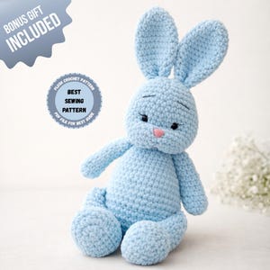Puede incluir: Un conejito de ganchillo azul claro con orejas largas, una nariz rosa y ojos cerrados. El peluche está sentado con los brazos extendidos. El texto de la imagen dice "Bonus Gift Included" y "Best Sewing Pattern".
