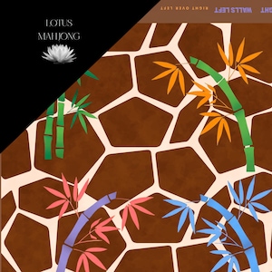 May include: A decorative Mahjong game board featuring a giraffe pattern background with colorful bamboo stalks and leaves. The board includes the text "Lotus Mahjong" and game instructions around the edges.