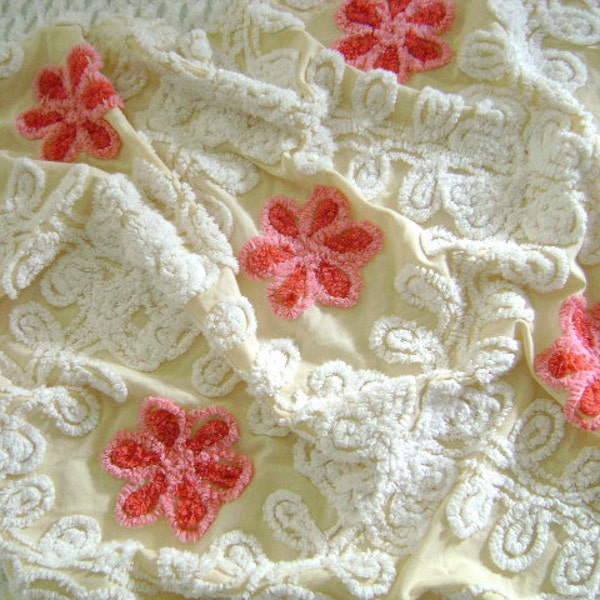 RESERVED for Jamie - Vintage Chenille Bedspread Fabric - Ultra PLUSH Chenille -  Pink, White, Rose-Red, Butter Creme Yellow