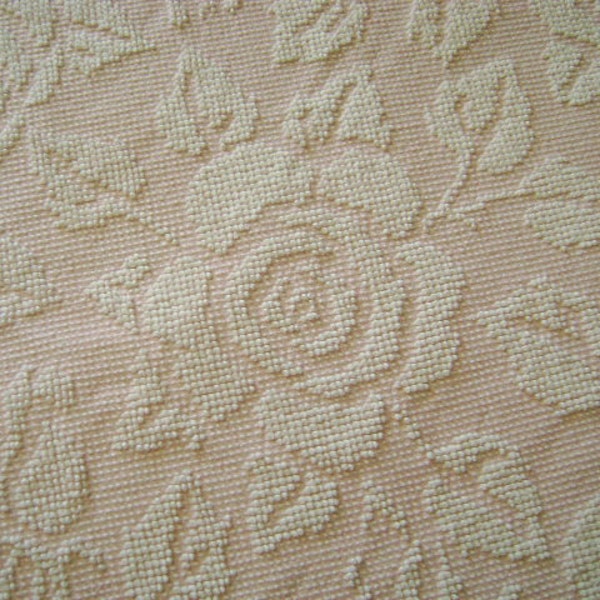 Vintage Chenille - PINK with White Roses - Vintage Hobnail Chenille Bedspread, Twin / Full  with Pom-Pom Fringe