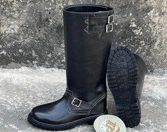 Vintage 90s Black Leather Engineer Boots | Handmade Buckle Biker Boots