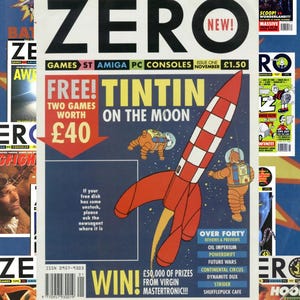 Könnte beinhalten: Eine Collage aus Vintage-Magazin-Covern, hauptsächlich mit dem Titel "ZERO" in fetten, schwarzen Buchstaben. Das zentrale Cover zeigt eine rot-weiße Rakete mit Astronauten, die für "TINTIN ON THE MOON" wirbt.