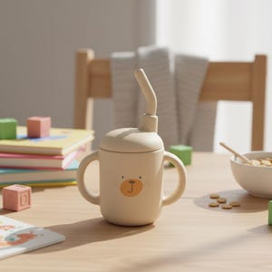 Silicone Baby Sippy Cup 120ML – Leakproof Snack & Training Cup – Free Toddler Feeding Cup – Cartoon Baby Cup Beige