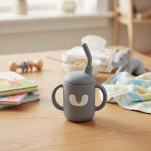 May include: A gray sippy cup with a penguin face design, featuring a curved straw and two handles. The cup is on a wooden table, with a stack of children's books and a toy elephant in the background. A baby rattle is also visible.