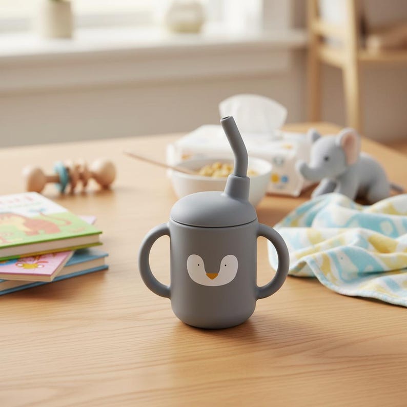 May include: A gray sippy cup with a penguin face design, featuring a curved straw and two handles. The cup is on a wooden table, with a stack of children's books and a toy elephant in the background. A baby rattle is also visible.