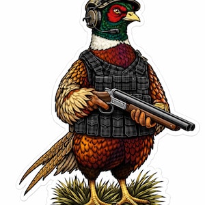 May include: A digital illustration of a pheasant wearing a tactical vest, headset, and camouflage helmet with night vision goggles, holding a double-barreled shotgun. The pheasant stands on a patch of grass.