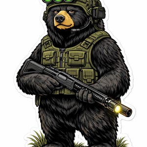 以下が含まれることがあります： 軍事装備を身につけた黒いクマのステッカー。暗視ゴーグル付きのヘルメット、タクティカルベスト、ショットガンを装備。 クマは草の上に立っており、真剣な表情をしています。