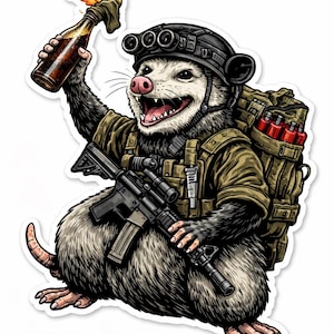 May include: A sticker depicting an opossum in military attire, holding a flaming Molotov cocktail and a rifle. The opossum is wearing a helmet, tactical vest, and a backpack. The illustration is detailed and cartoon-like.