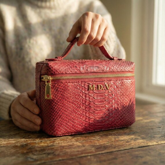 Luxury Serpentine Pattern Genuine Leather Top Handle Clutch Bag for Women | Small Square Zip Day Handbag Elegant Portable Mini Purse