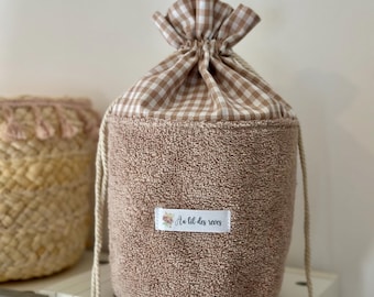 handmade drawstring bag/pouch, gingham, beige, handmade