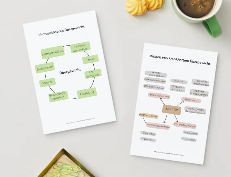 Puede incluir: Dos documentos en blanco con texto y diagramas en alem&aacute;n sobre salud y peso. Uno muestra un diagrama circular de los factores que influyen en el peso, y el otro muestra los riesgos del peso poco saludable. Una taza de caf&eacute; y galletas est&aacute;n en el fondo.