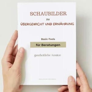 Puede incluir: Un libro blanco titulado "SCHAUBILDER zu &Uuml;BERGEWICHT UND ERN&Auml;HRUNG" es sostenido por dos manos. El libro tiene texto que dice "Basic-Tools f&uuml;r Beratungen" y "ganzheitliche Ans&auml;tze". La portada tiene texto marr&oacute;n y dorado.