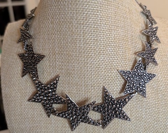 Vintage Kenneth Jay Lane KJL Graduated Star Necklace | Silver Tone Pavé Statement | Y2K Jewelry