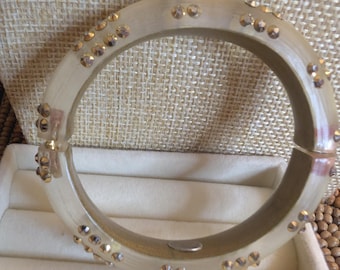 Alexis Bittar Lucite Clamp Bracelet | Studded Crystal Bangle | Hinged Sculptural Cuff | Signed Designer Jewelry