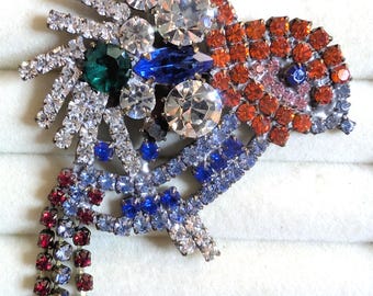 Vintage Rhinestone Bird Brooch | Articulated Tail, Mid Century Jewelry