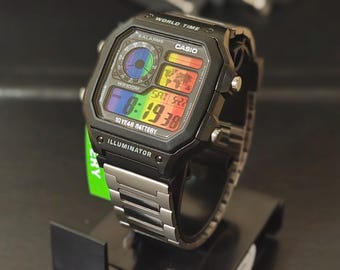 The Prism Shift | 1 of 1 Custom Casio AE1200 Mod | Pride Rainbow | Silver Magnetic Steel Bracelet | Perfect Infinite Fit | Full Set
